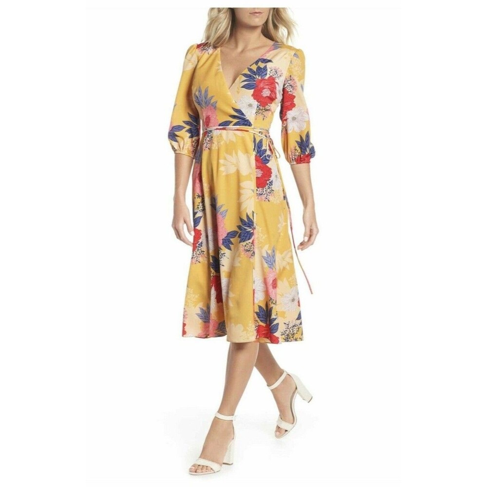 Eliza J Women’s Floral Chiffon Faux Wrap Midi Dress size 2 NWT Tie Waist